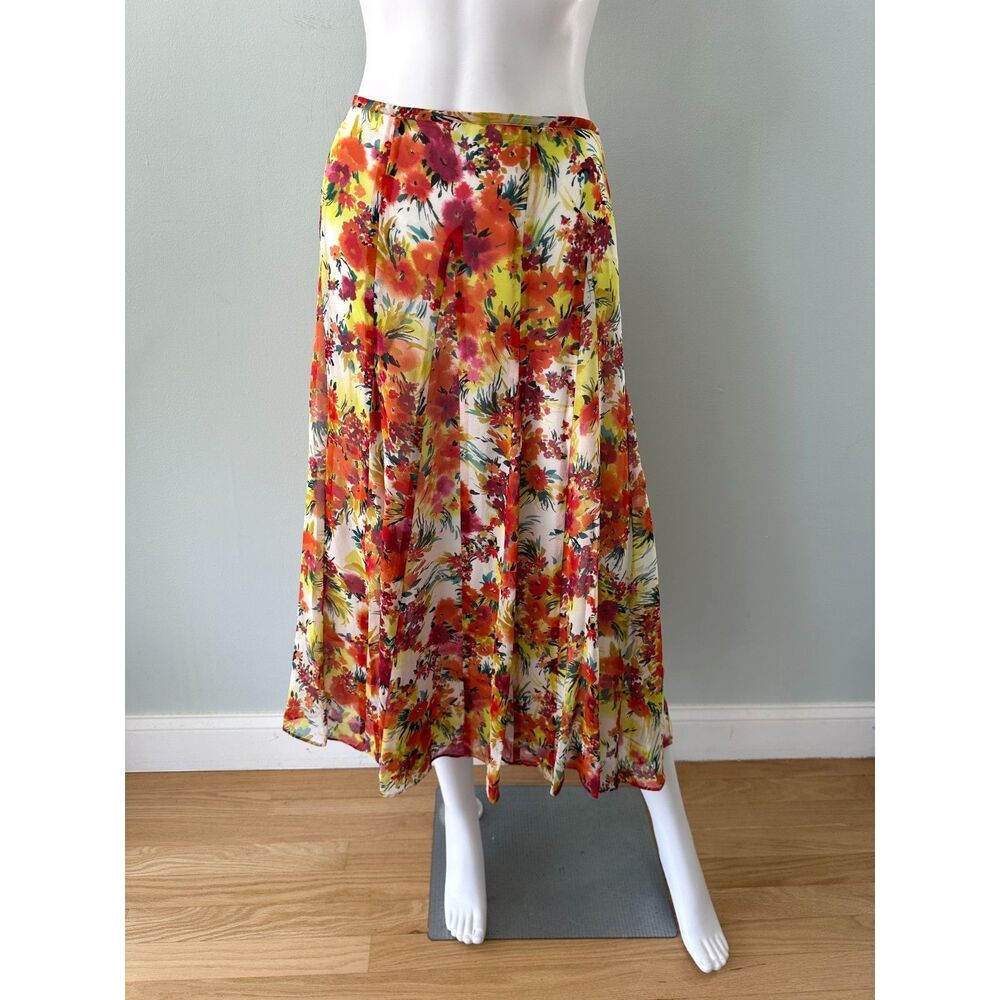 Jones New York 100% Silk Midi Skirt Floral Orange Yellow Chiffon 16 Cottagecore